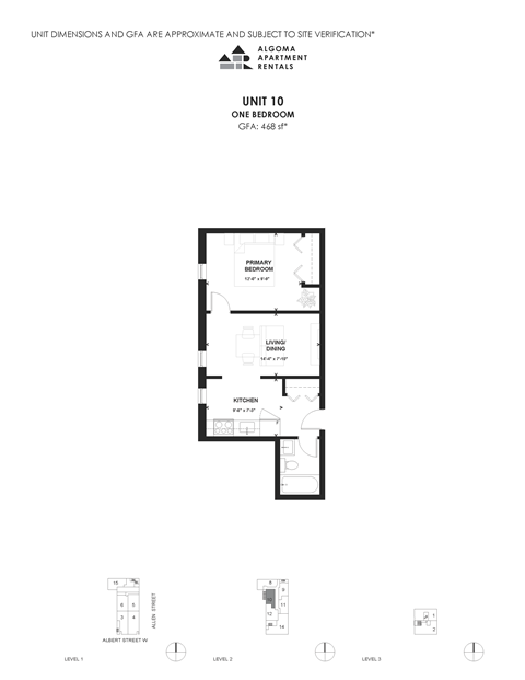 Floor plan for 1 bed, 1 bath, 468 sqft